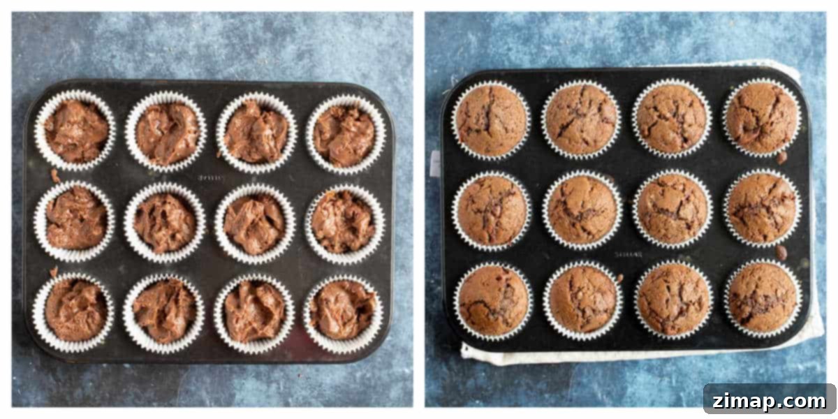 Εύκολα Μάφινς Σοκολατοπορτοκαλένια 5 Chocolate Muffins in a muffin tin.